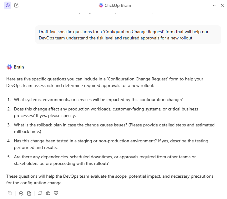 Fatta viktiga beslut baserat på arbetsmiljön genom att ställa frågor till ClickUp Brain: konfigurationshanteringsverktyg