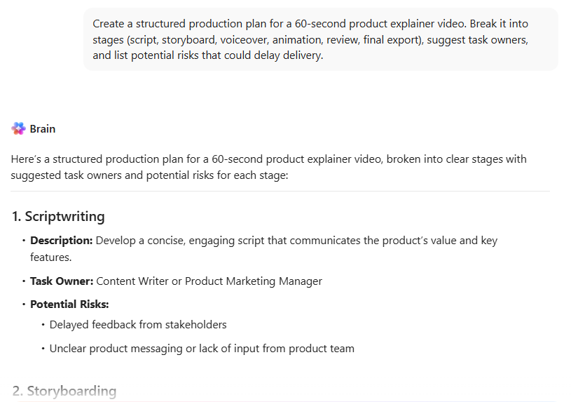 ai animation tools: Generate scripts and demand workspace-related suggestions from ClickUp Brain