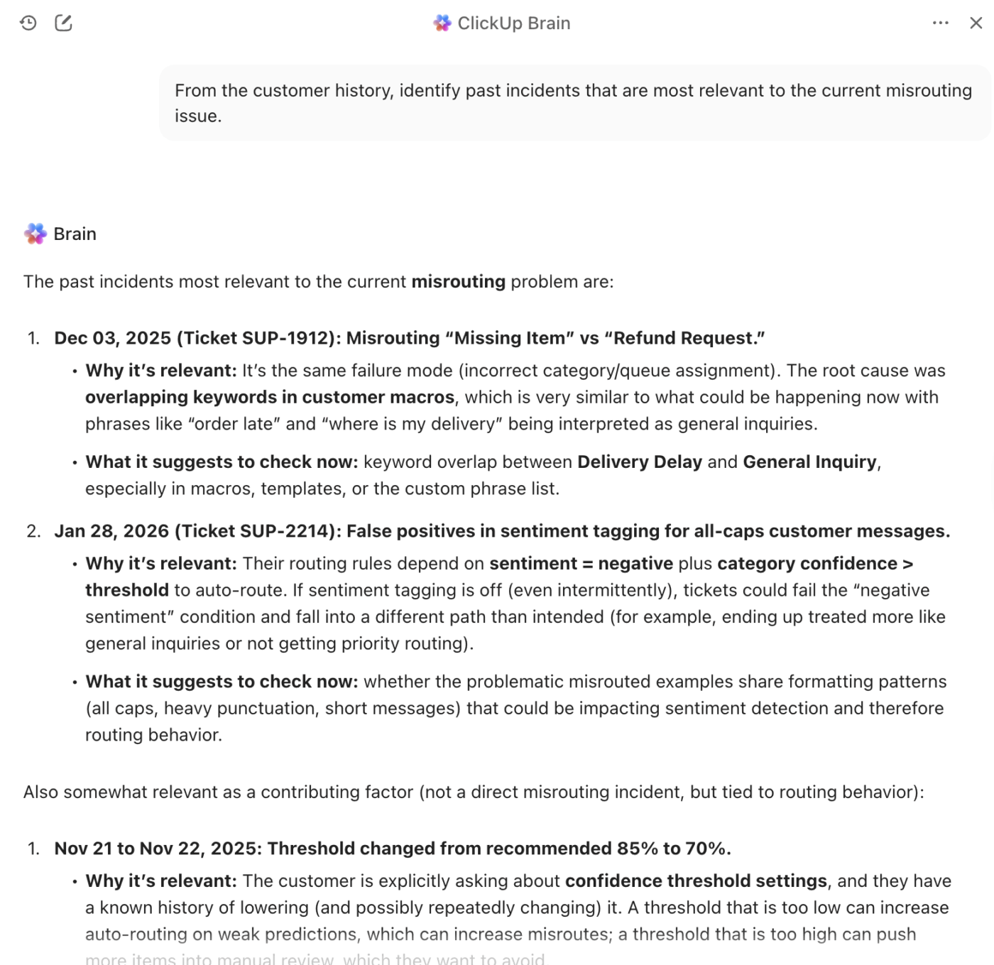Summarize tickets into handoff briefs and draft escalation updates with ClickUp Brain