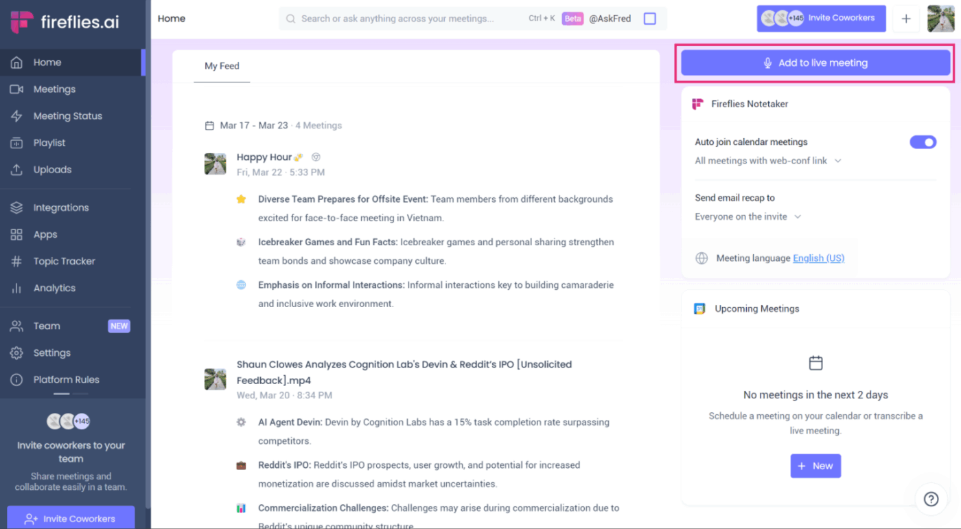 Fireflies.ai dashboard : AI Tools That Replace Entire Teams