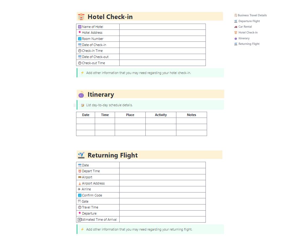 Use the Business Travel Itinerary Template by ClickUp to coordinate corporate travel: integrated travel dashboard template