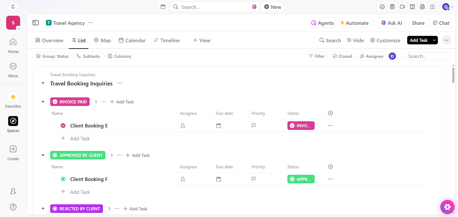 Travel Agency Template by ClickUp: integrated travel dashboard template