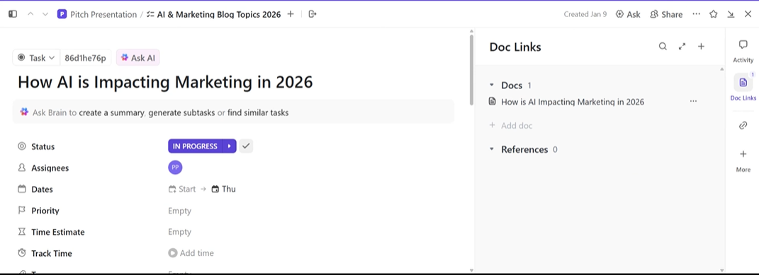 Link relevant ClickUp Docs to ClickUp Tasks so you never lose context of the work you're doing