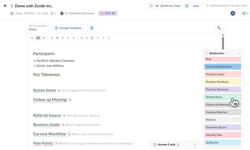 แดชบอร์ด Avoma: ทางเลือกของ hedy ai