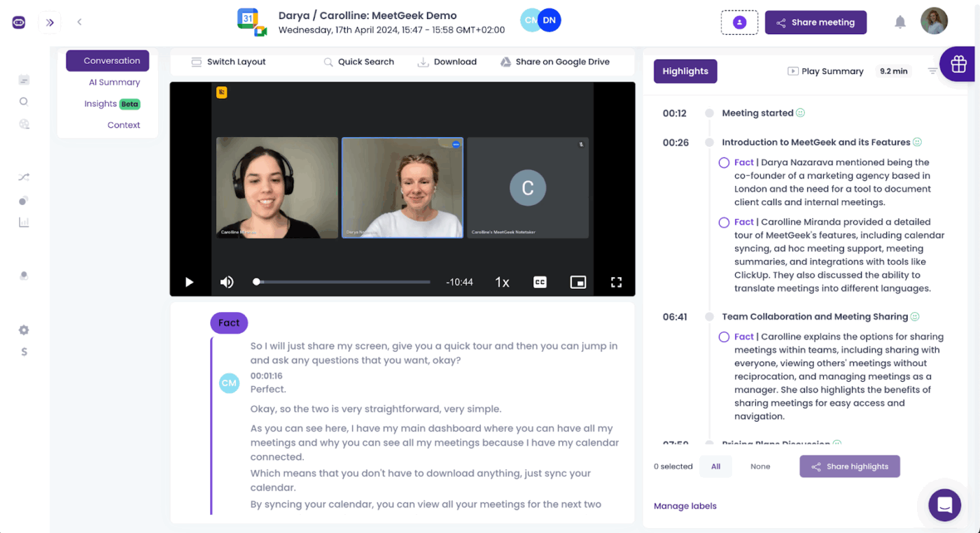 แดชบอร์ด MeetGeek: ทางเลือกของ hedy ai