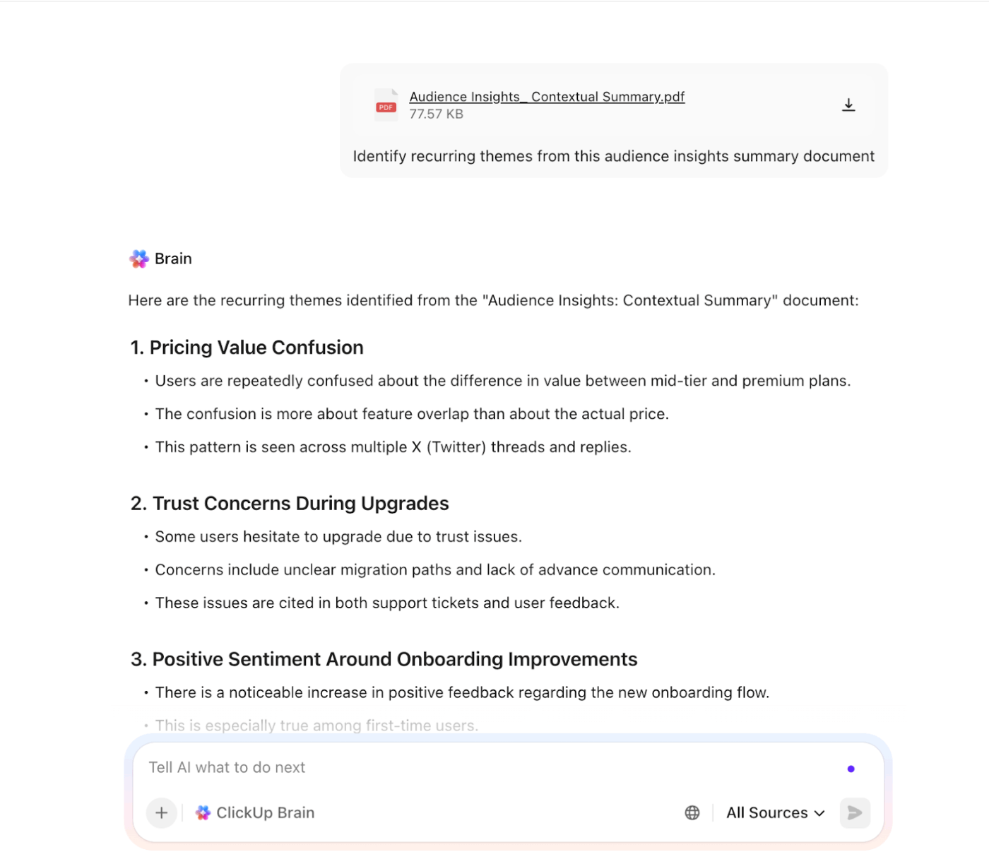 Use ClickUp Brain to identify recurring themes : how to use grok for audience insights