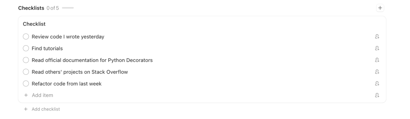 Tasks related to learning programming, added to a checklist in ClickUp
