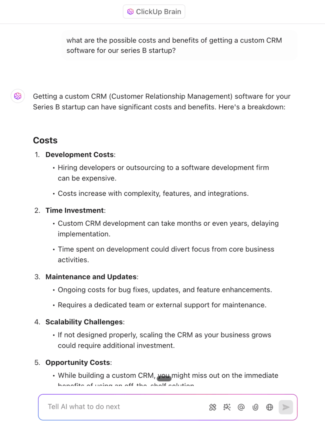 Obtenga respuestas de IA sensibles al contexto desde sus tareas de ClickUp, documentos y chat de ClickUp con ClickUp Brain: costes ocultos del software barato.