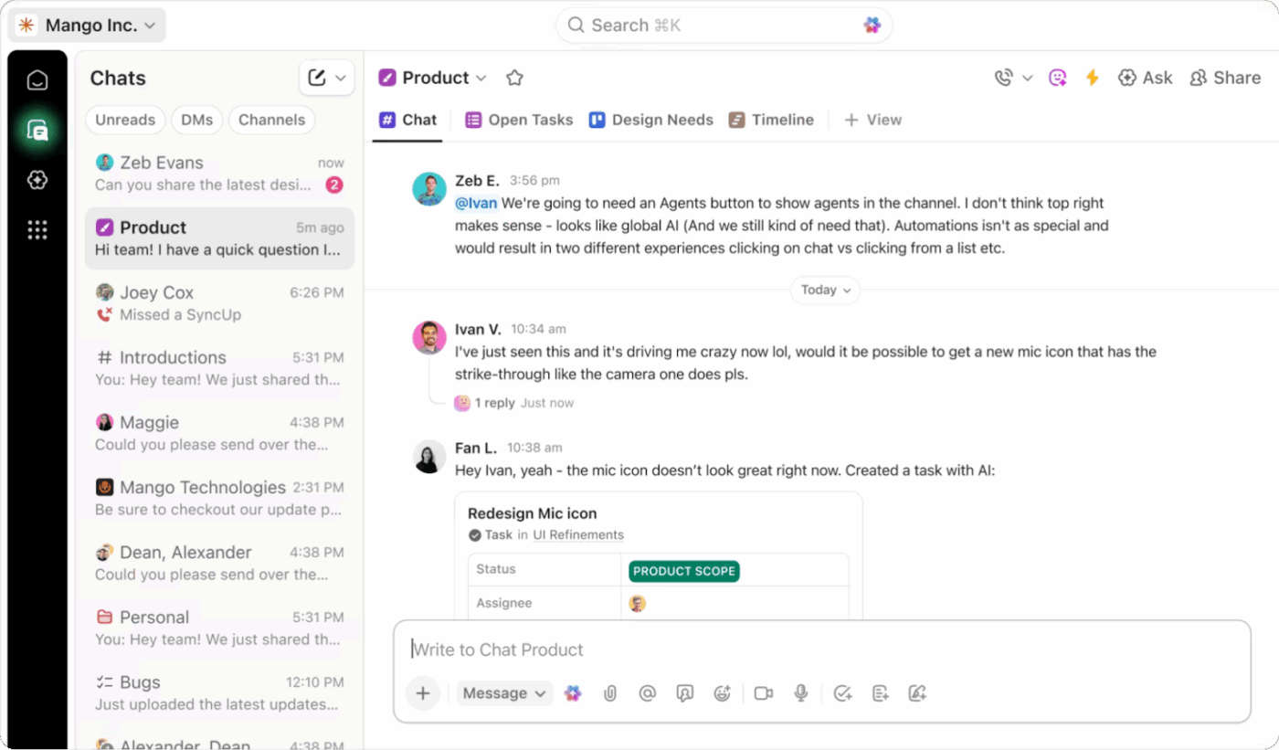 Connect with your team directly using ClickUp Chat : AI Workflow Automation