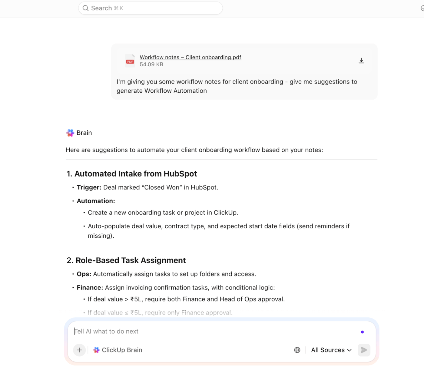 Use ClickUp Brain to highlight patterns in your workflow audits and prioritize automation efforts