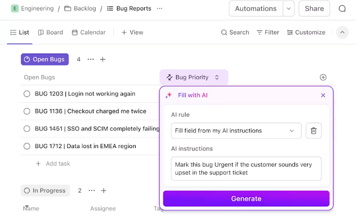 Automate a wide variety of tasks for your organization using ClickUp AI Fields