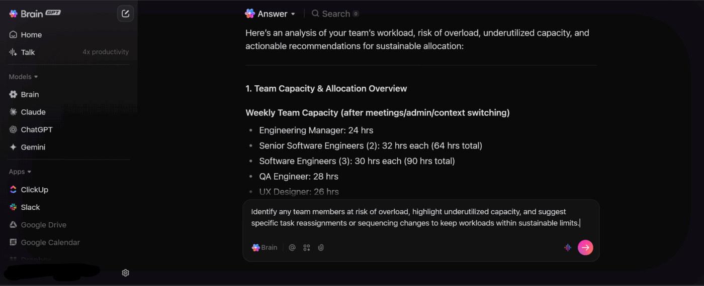 Prompt ClickUp BrainGPT to analyze capacity planning