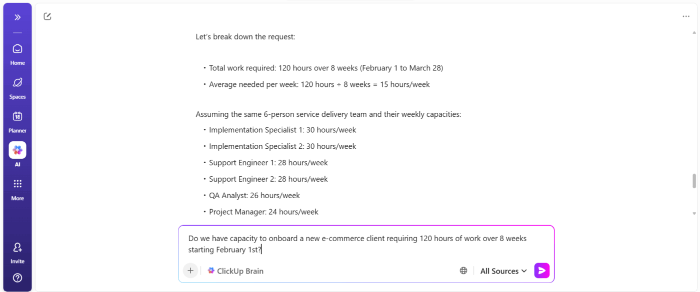 Query ClickUp Brain for capacity forecasts : Capacity Planning