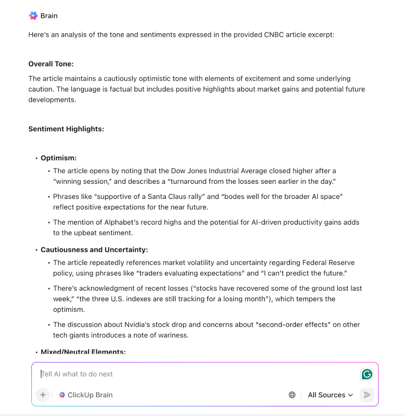 Use ClickUp Brain to capture sentiment from social media comments, conversations, call transcripts, news articles, etc. : AI Sentiment Analysis