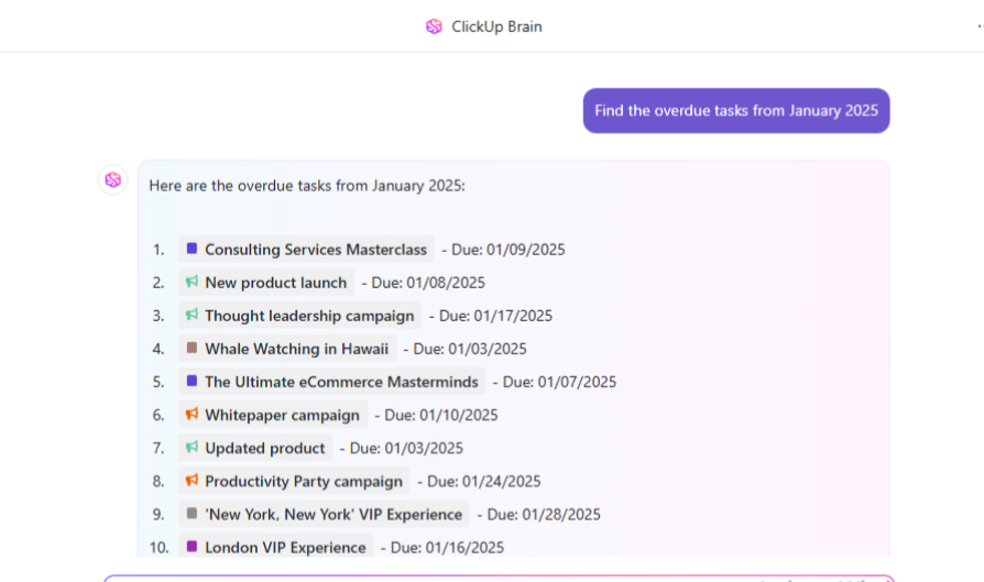 Use ClickUp Brain to get contextual insights about your work : ai time blocking app