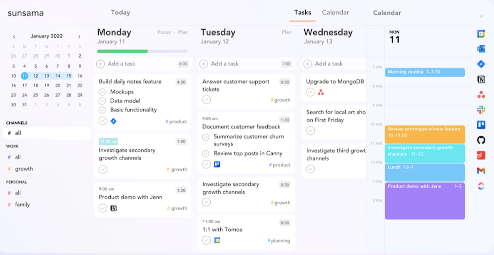 Sunsama dashboard : ai time blocking app