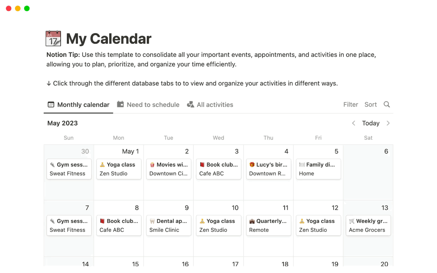 Notion Calendar dashboard