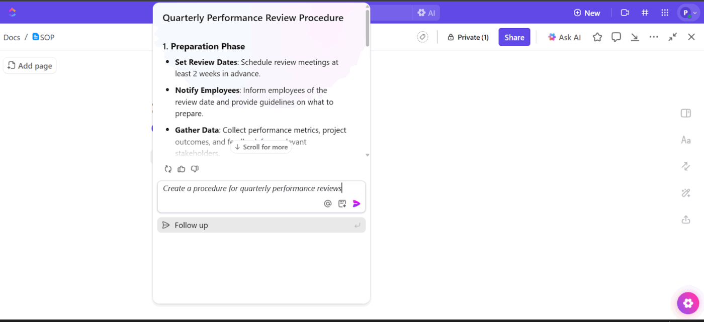 Use ClickUp Docs + Brain combo to create product documentation : ai tools for product leadership