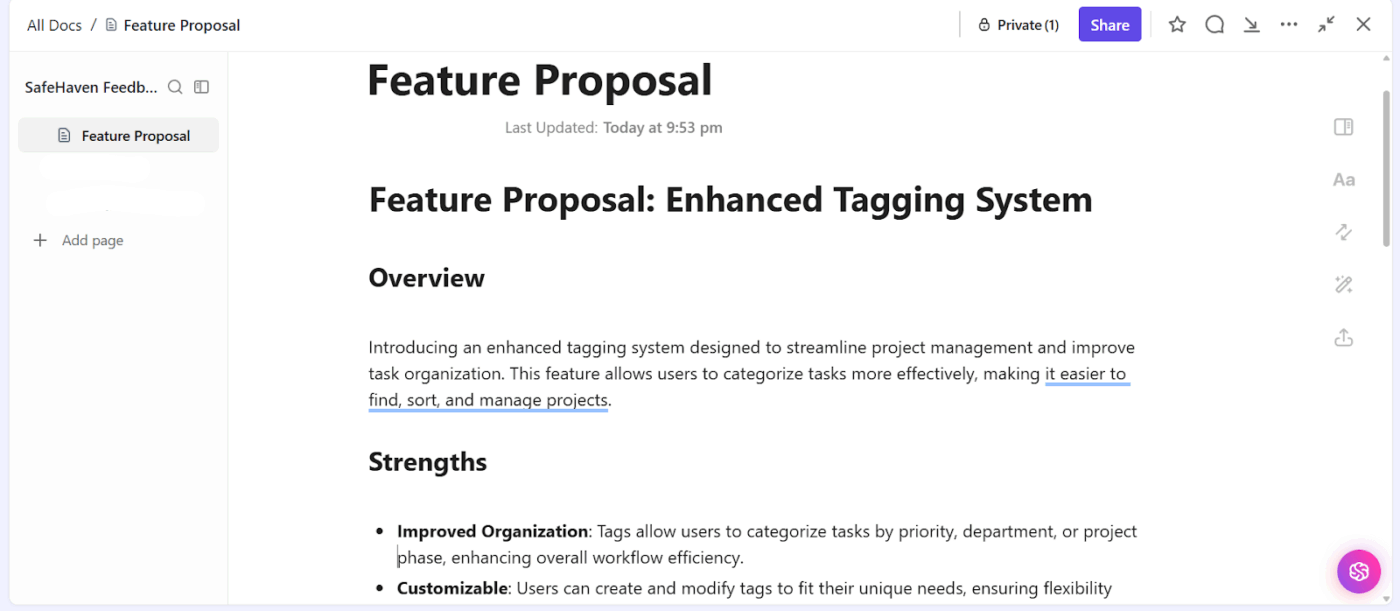Draft feature proposals quickly with ClickUp Brain : ai tools for product leadership