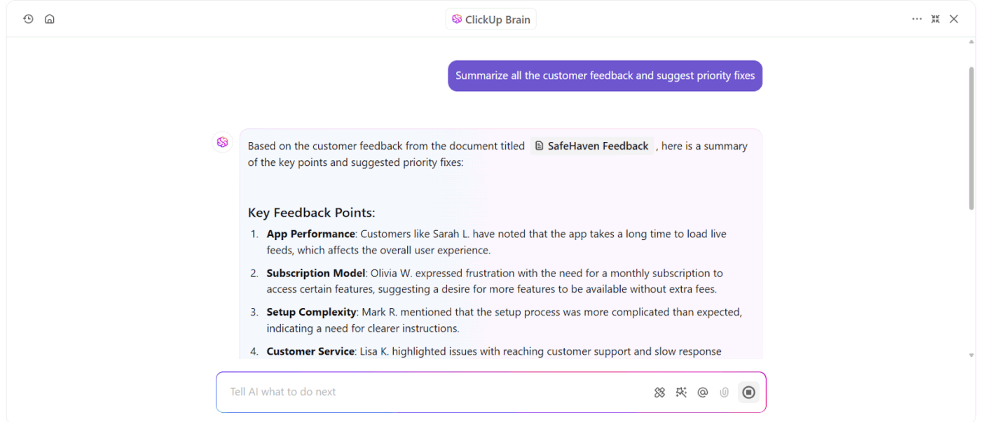 Summarize customer feedback instantly using ClickUp Brain