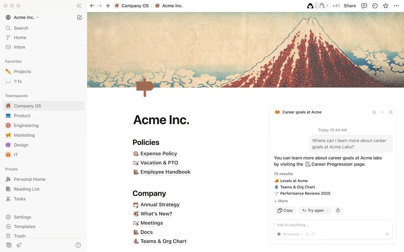 Panel de control de Notion Enterprise: gestión del conocimiento empresarial.