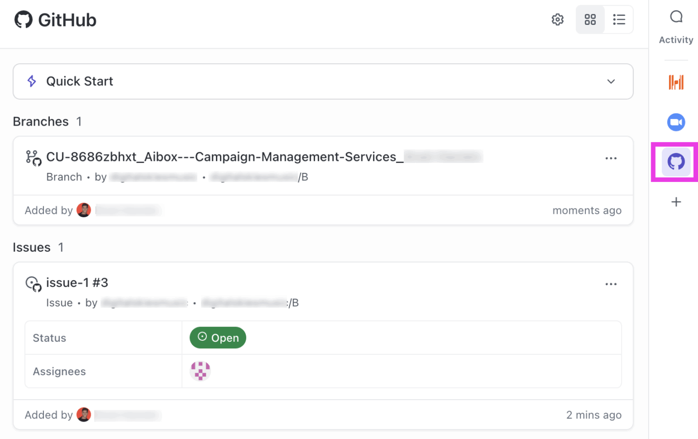Créez de nouveaux problèmes, branches et demandes de tirage directement à partir des tâches à l'aide de l'intégration cLickUp-GitHub.