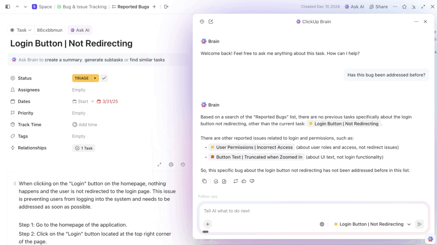 ClickUp Brain : réponses à des questions spécifiques sur des tâches en langage naturel ; développement de logiciels