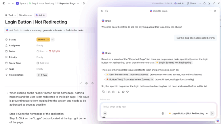 ClickUp Brain: Answering task-specific questions in natural language; software development