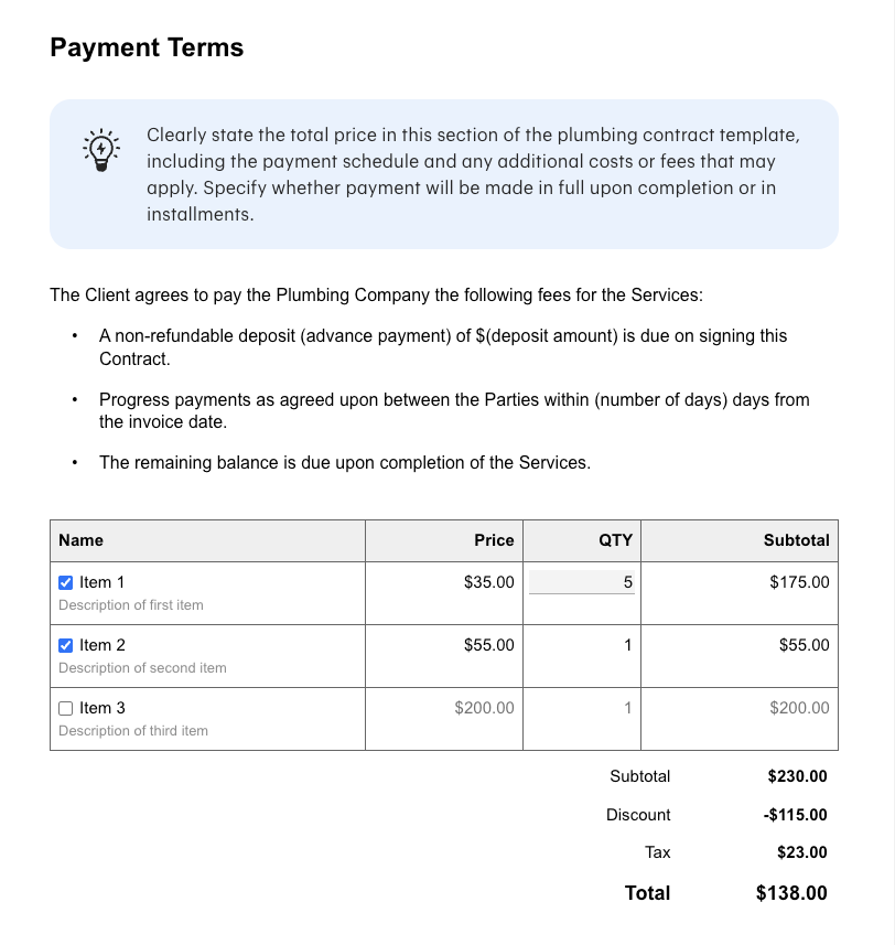 Plantilla de contrato de fontanería de PandaDoc