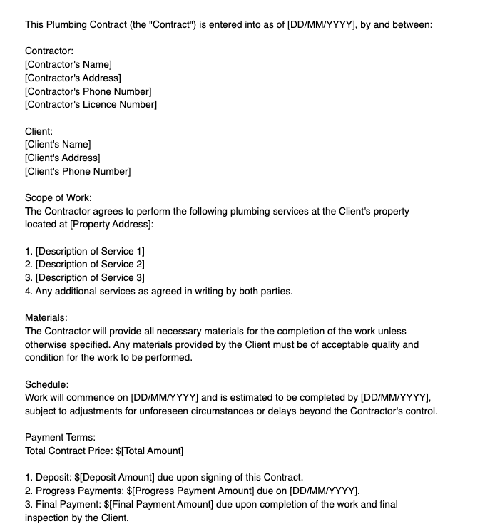 Plantilla de contrato de fontanería de AroFlo