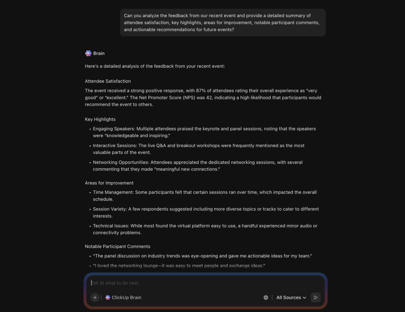 Ask Brain to analyze feedback from recent events, survey forms, and more by simply chatting with it: how customer feedback enables product improvement