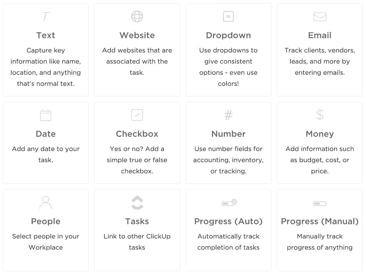 ClickUpカスタムフィールドを活用し、20以上のデータフィールドでタスクをカスタマイズ