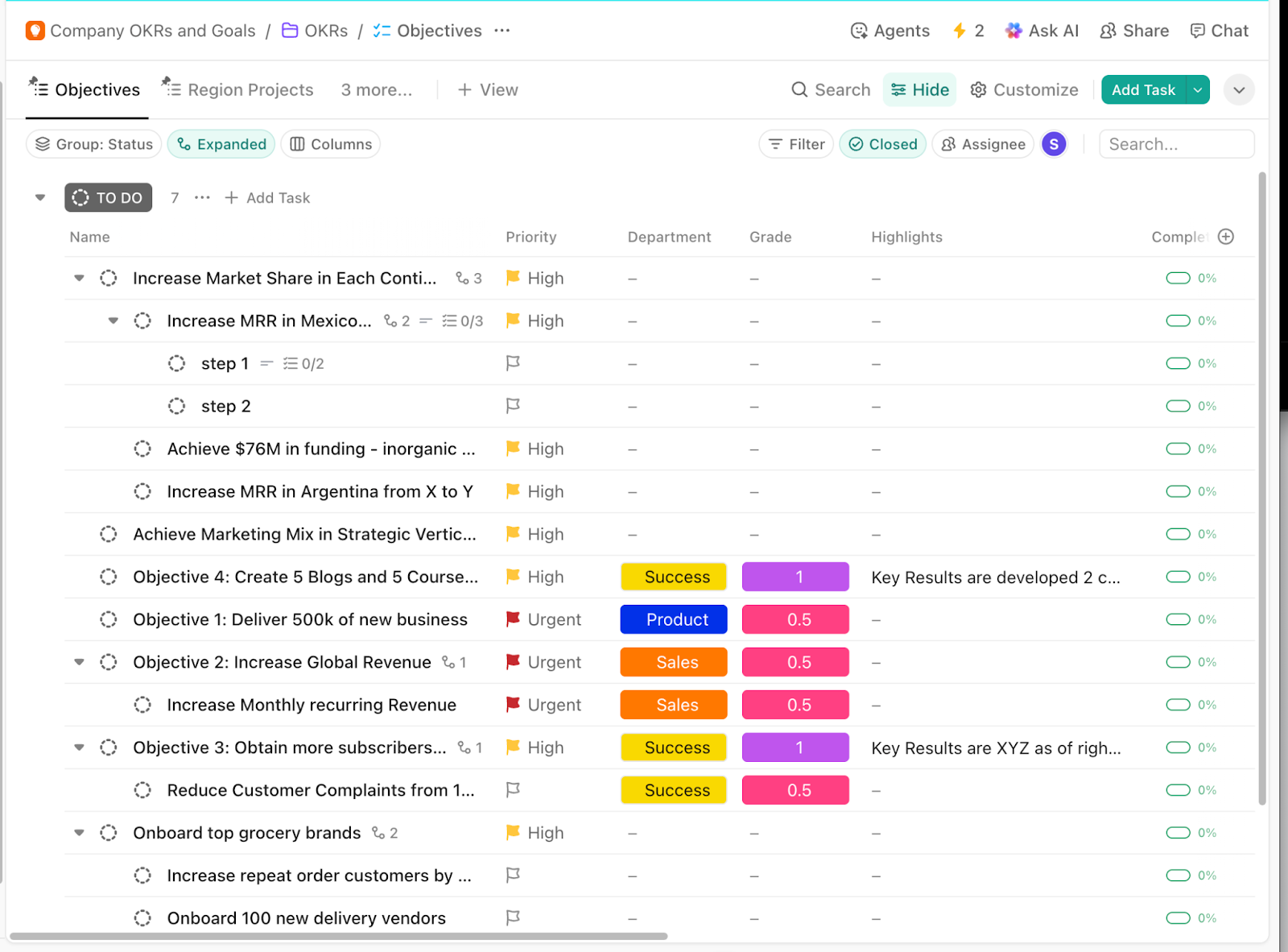 Manage company-wide objectives, key targets, and progress in one workspace with the ClickUp Company OKRs and Goals Template
