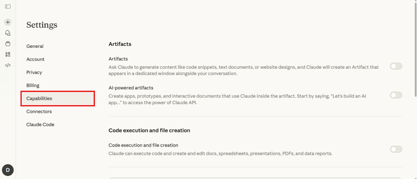 From the side menu, select Settings and scroll down to the Capabilities section
