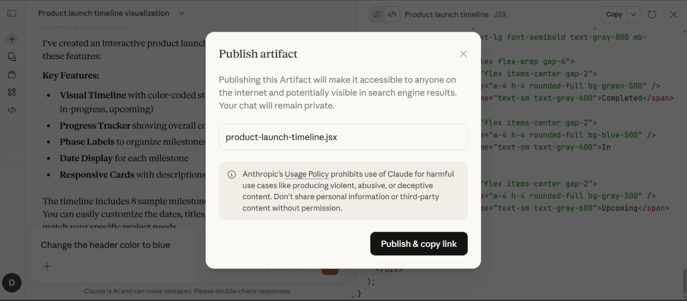 Click Publish on your artifact to generate a unique, shareable public link