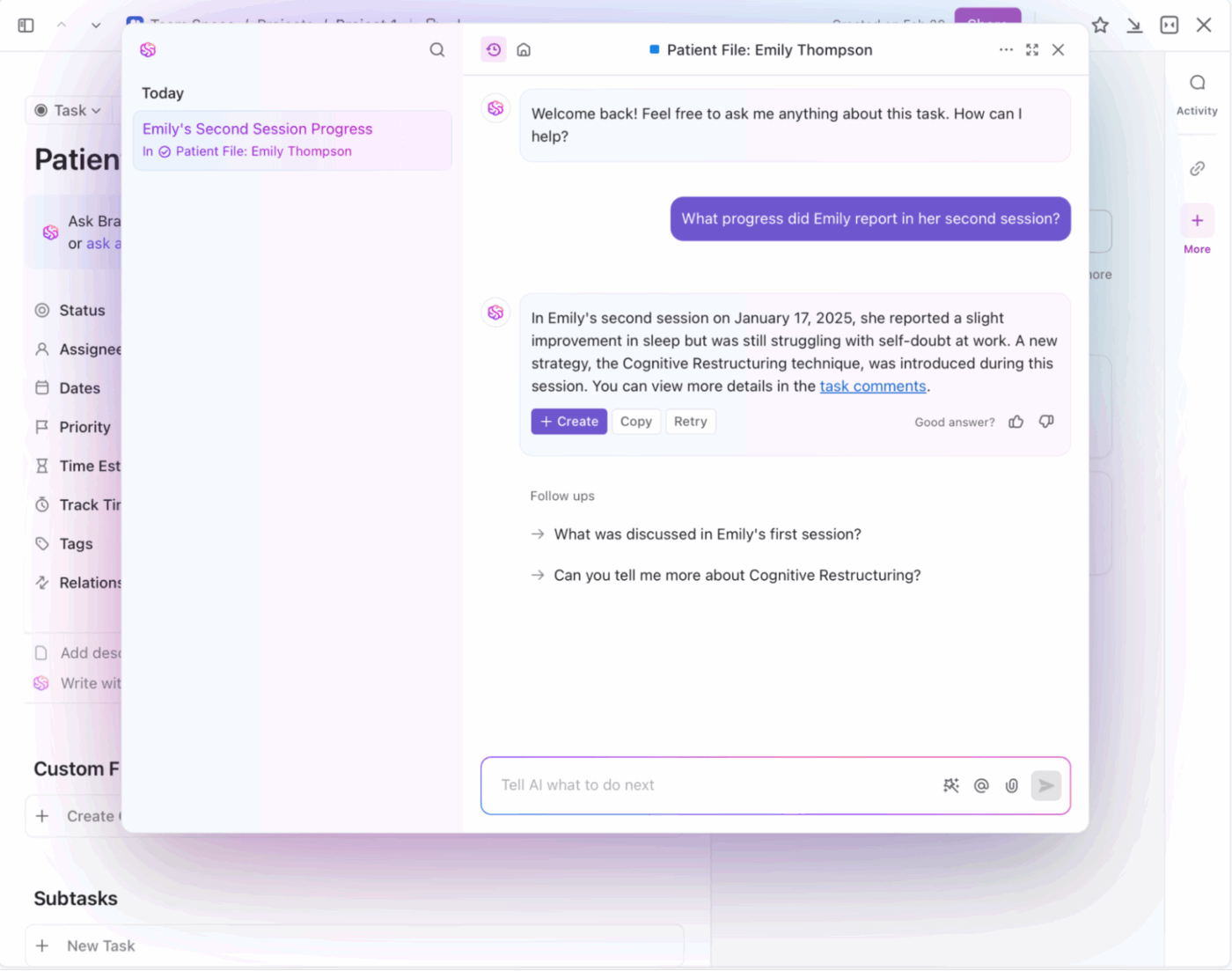 Get instant client details, summaries, and action items with ClickUp Brain for seamless therapy management Dashboard