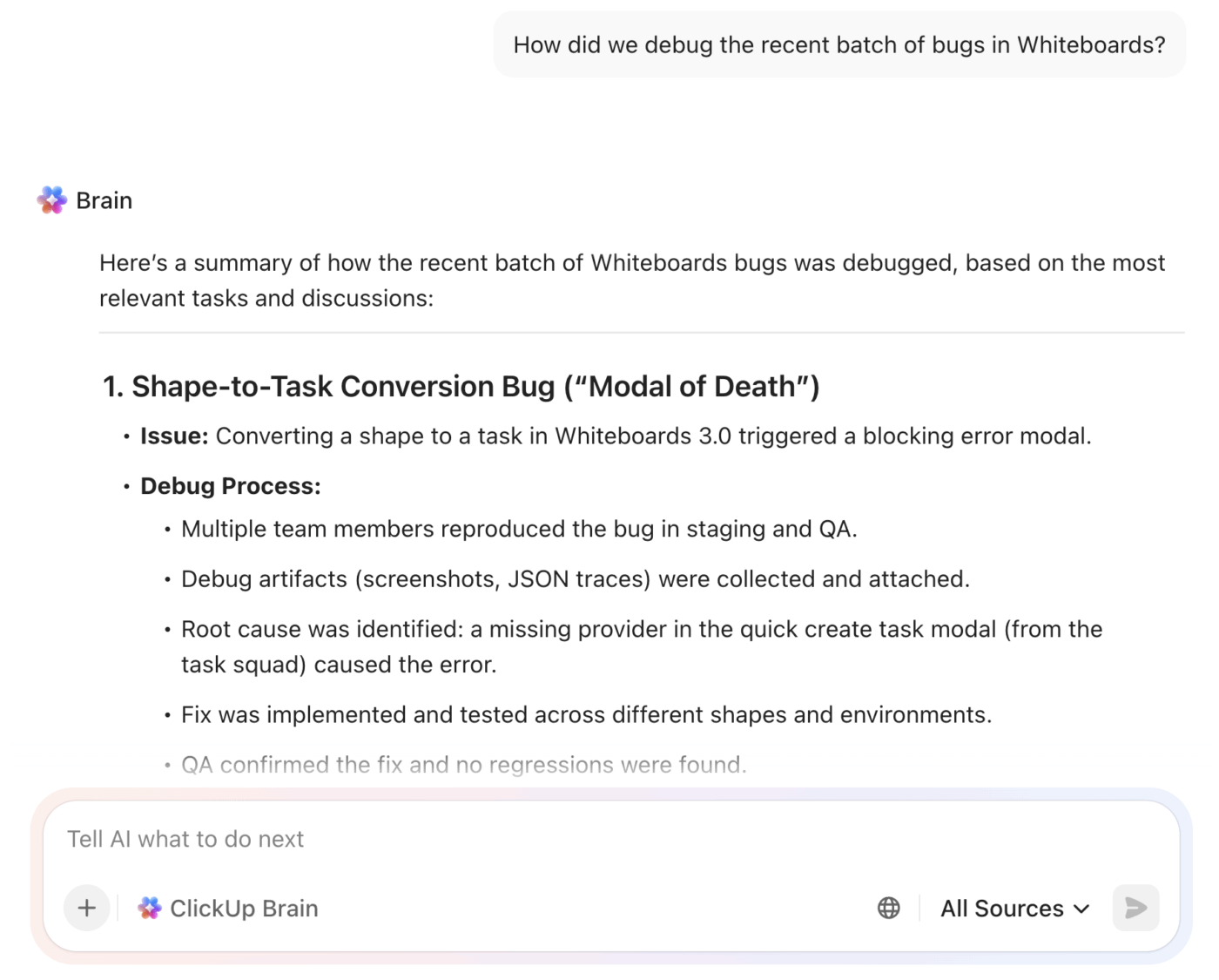 clickup brain helps with debugging by acting as a knowledge base of fixes: how to use claude for debugging