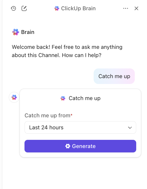 Požádejte Clickup Brain, aby vás informoval na vašem chatovém kanálu: jak mohou vedoucí inženýři používat ClickUp SyncUp pro synchronizaci revize kódu.