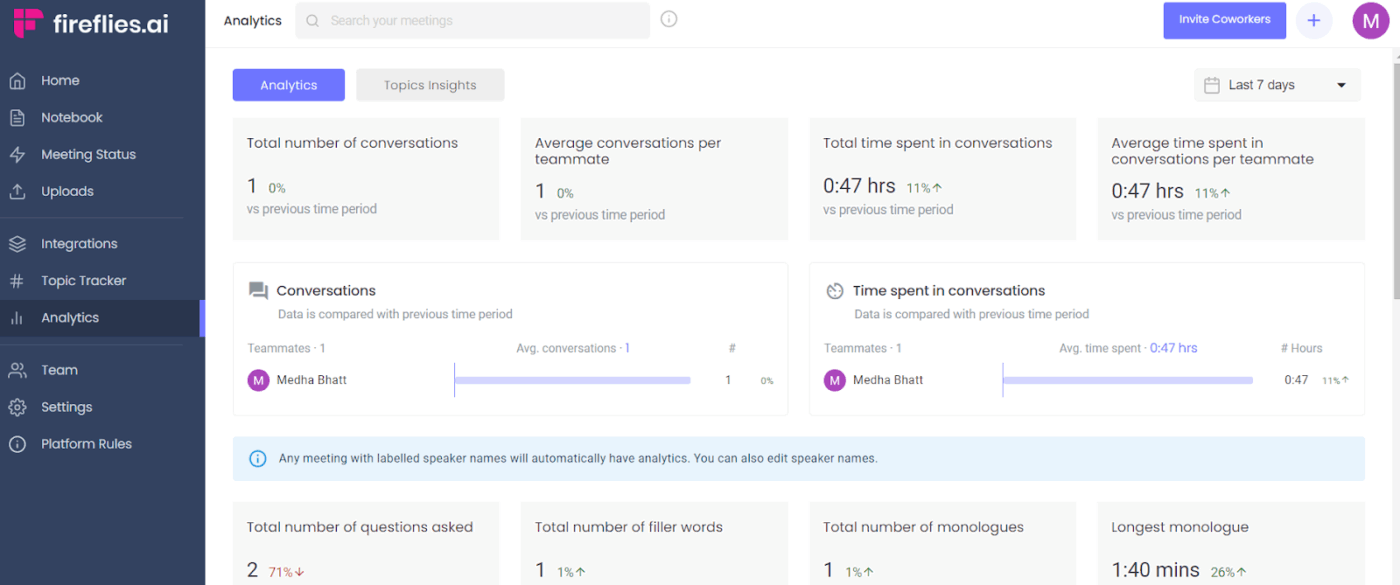 Fireflies.ai dashboard