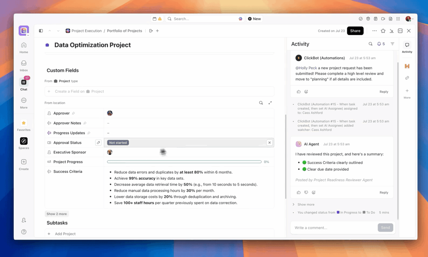 Break experiments into subtasks and track variants and segments with ClickUp Custom Fields
