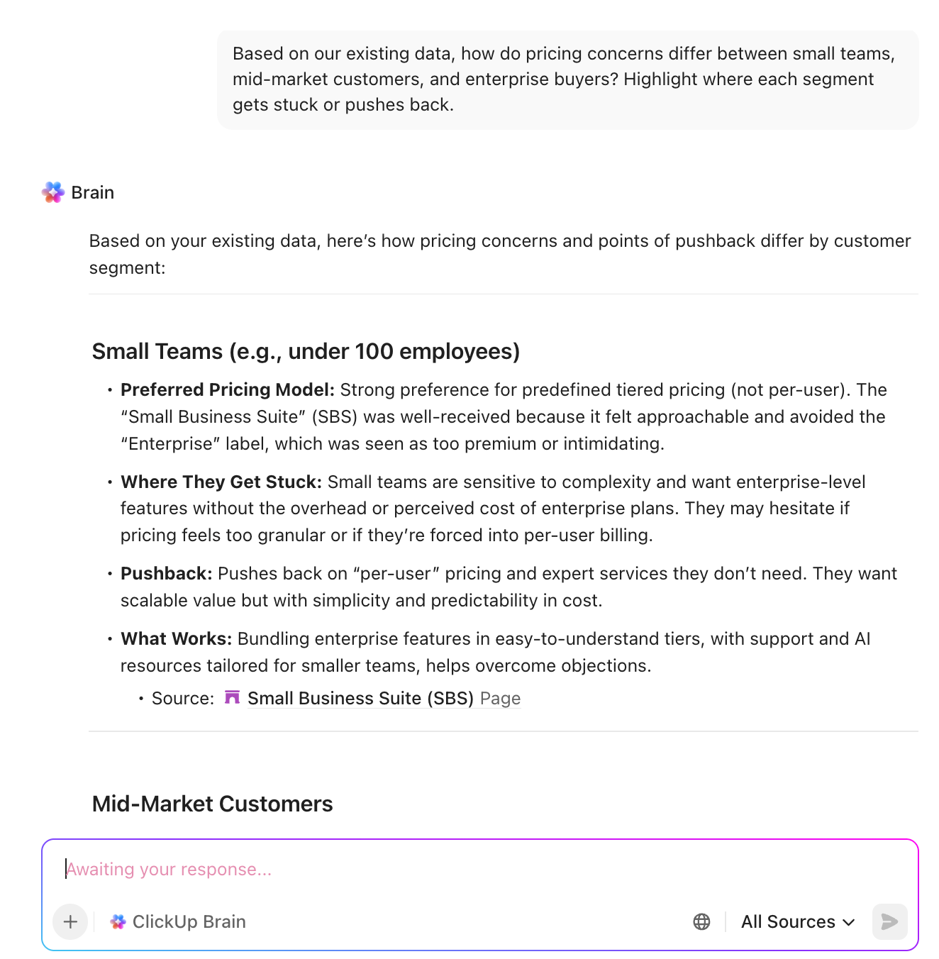 Turn pricing feedback into testable hypotheses by analyzing your workspace context with ClickUp Brain : Pricing Experiment Playbook