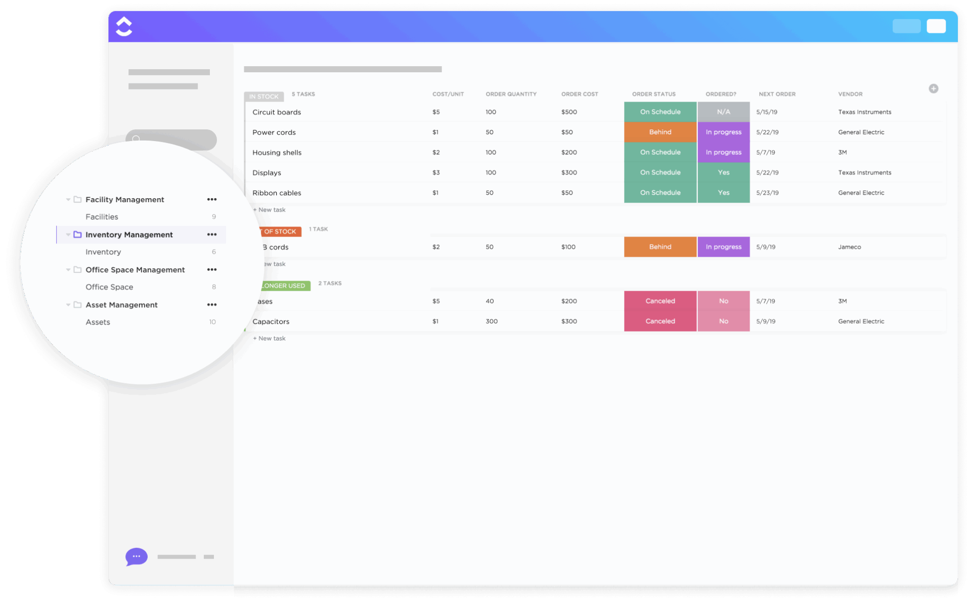 Managing inventory workflows in ClickUp Tasks