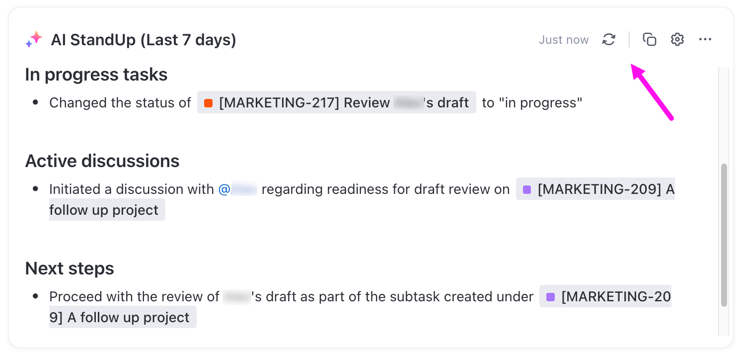 Use the ClickUp AI StandUp card in My Tasks for task summaries and updates