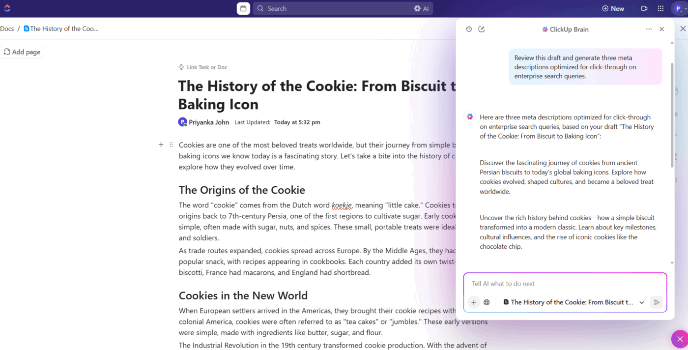 ClickUp Brain: Ask the built-in AI tool to generate first drafts