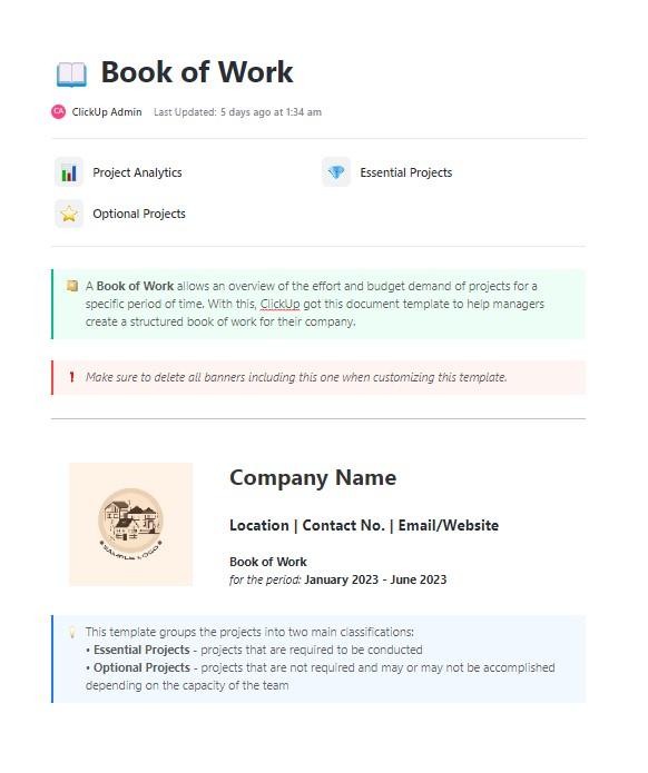 Track portfolio and resource demand with the ClickUp Book of Work Template