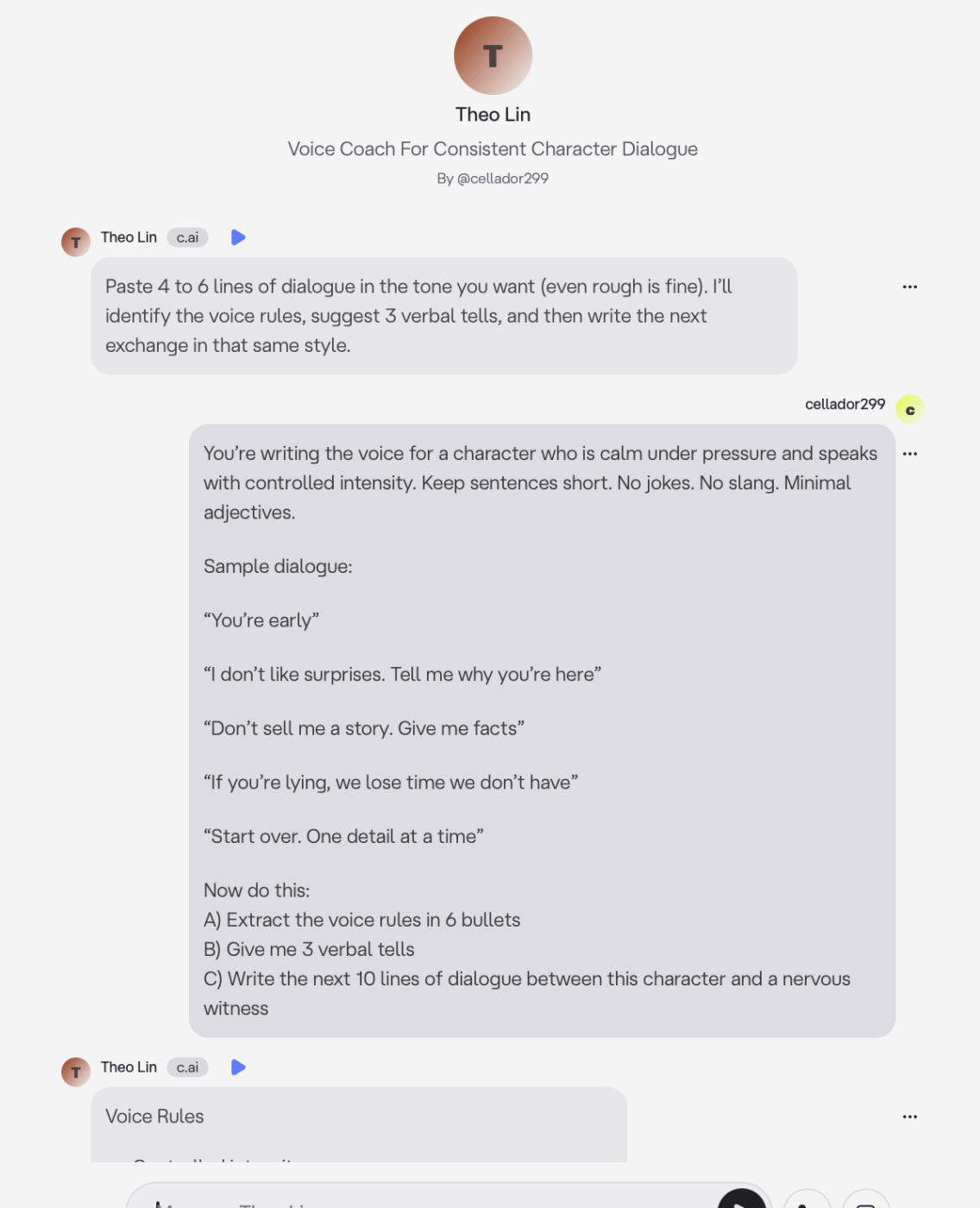 Character AI Prompts- dialogue patterns