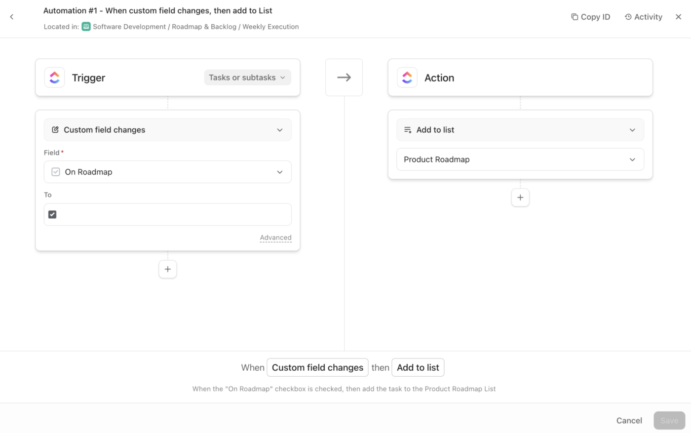 Create an Automation in your Weekly Execution List that adds tasks to the Product Roadmap List when the On Roadmap checkbox is checked.