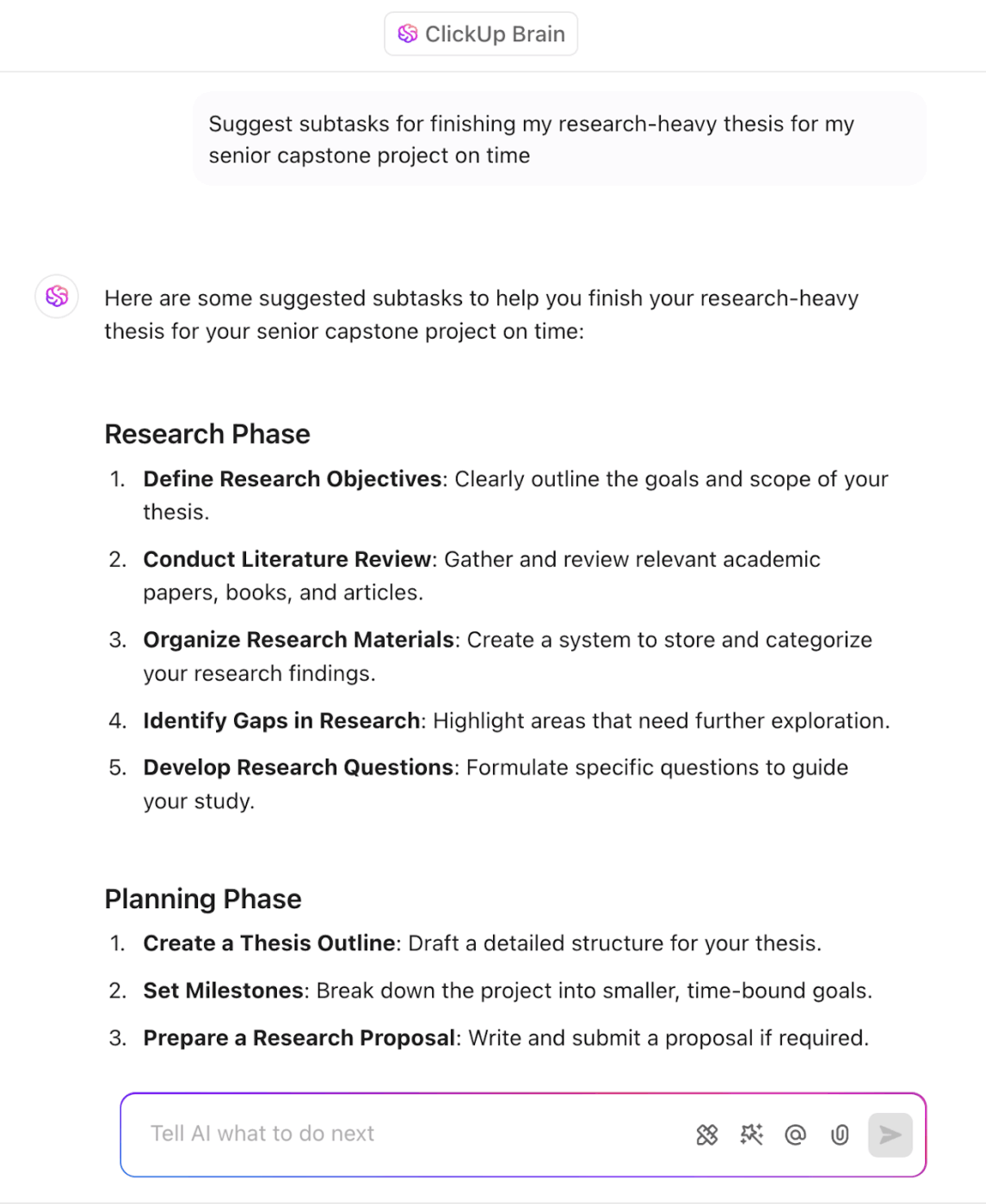 ClickUp Brain: Break down your study notes and ask it to optimize your study plan