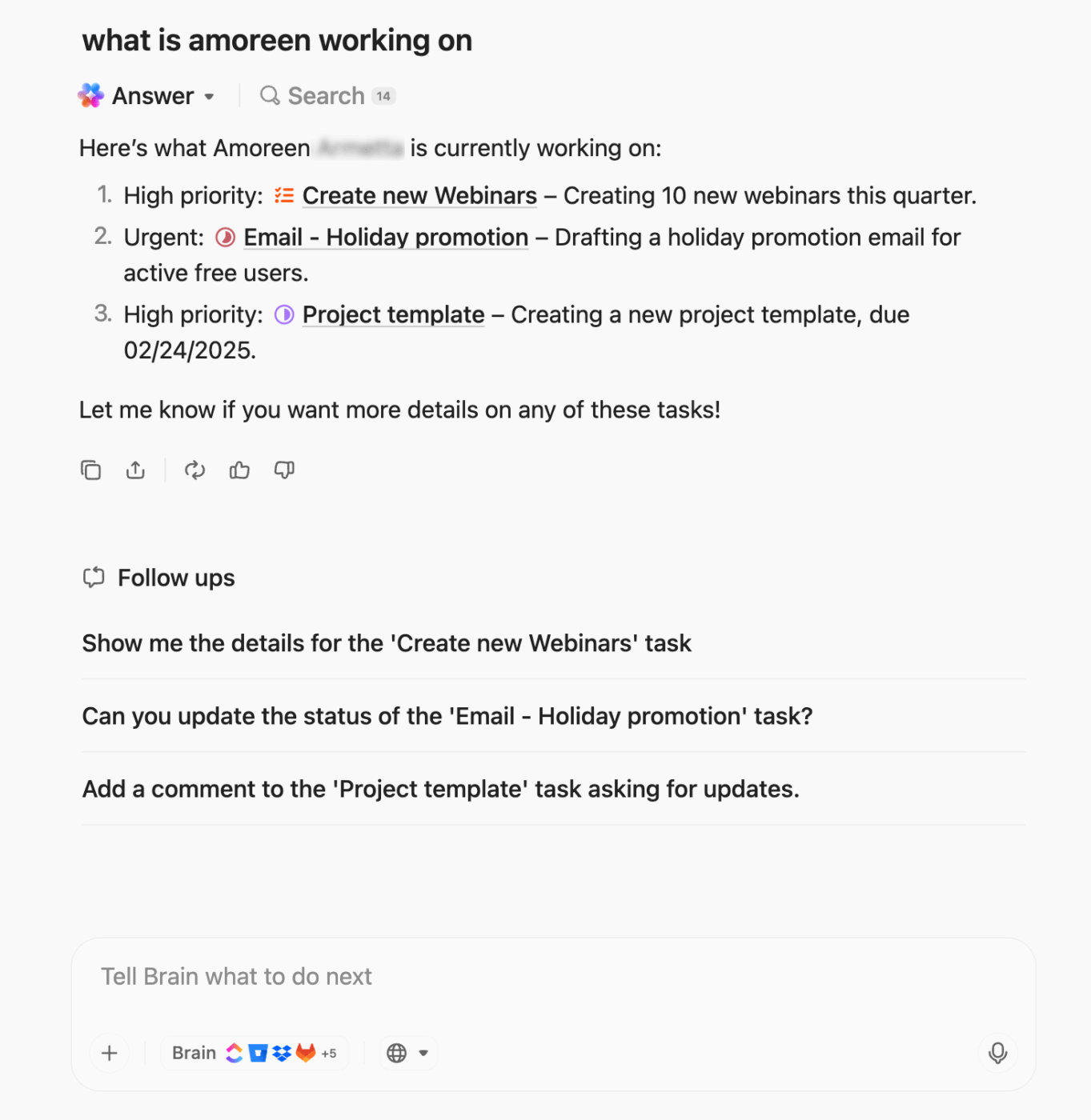 ClickUp Brain MAX provides task details