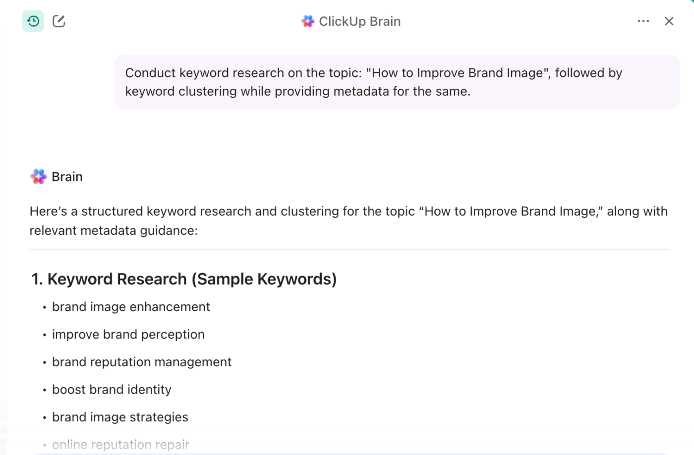 ClickUp Brain’s response to in-depth keyword research for this blog post
